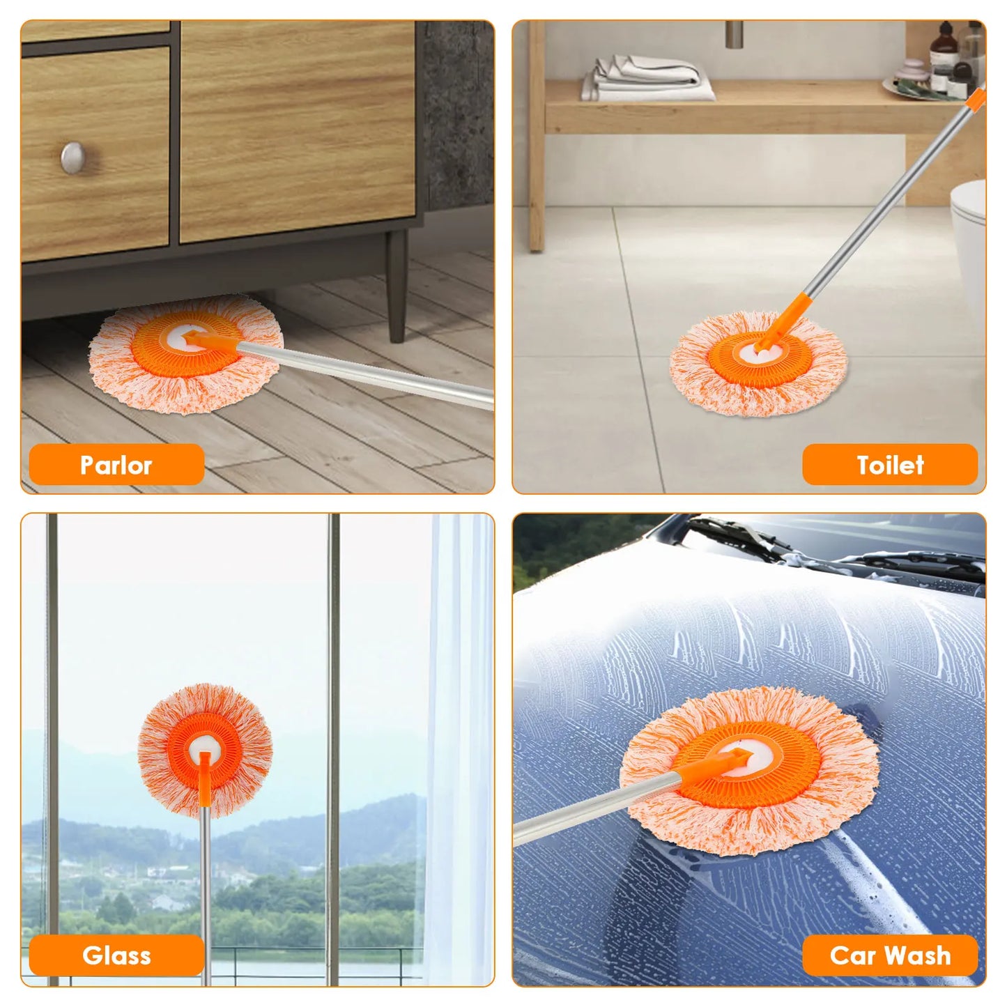 Microfiber Mop Set Rotatable round Cleaning Mops Wall Cleaner with 4 Poles and 4 Mop Heads Floor Wall Multifunctional Clean Tool