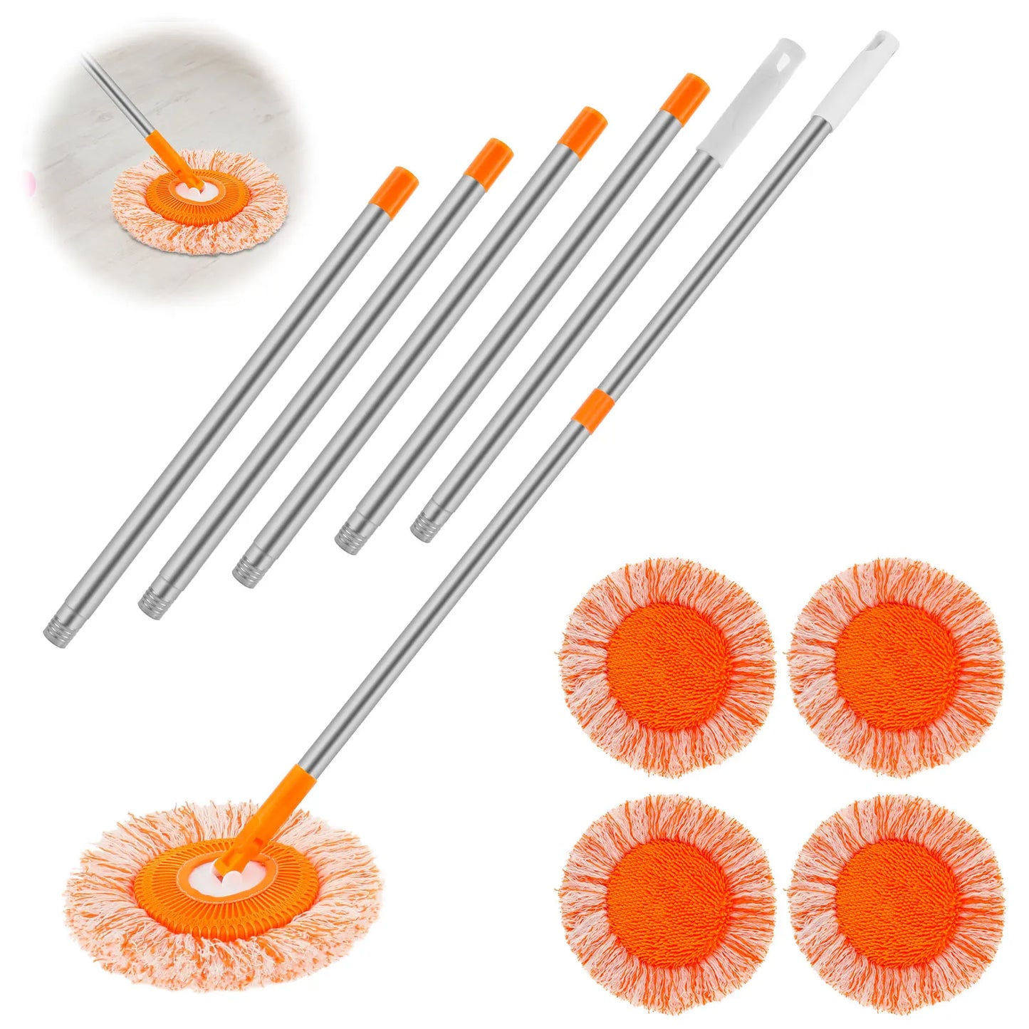 Microfiber Mop Set Rotatable round Cleaning Mops Wall Cleaner with 4 Poles and 4 Mop Heads Floor Wall Multifunctional Clean Tool